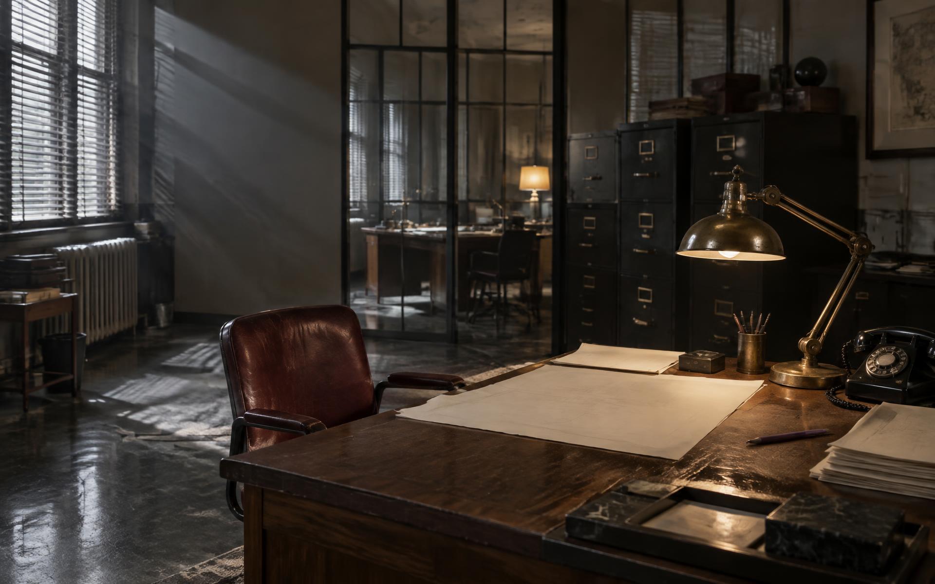 A quiet technical studio with a walnut drafting desk, brass lamp and papers